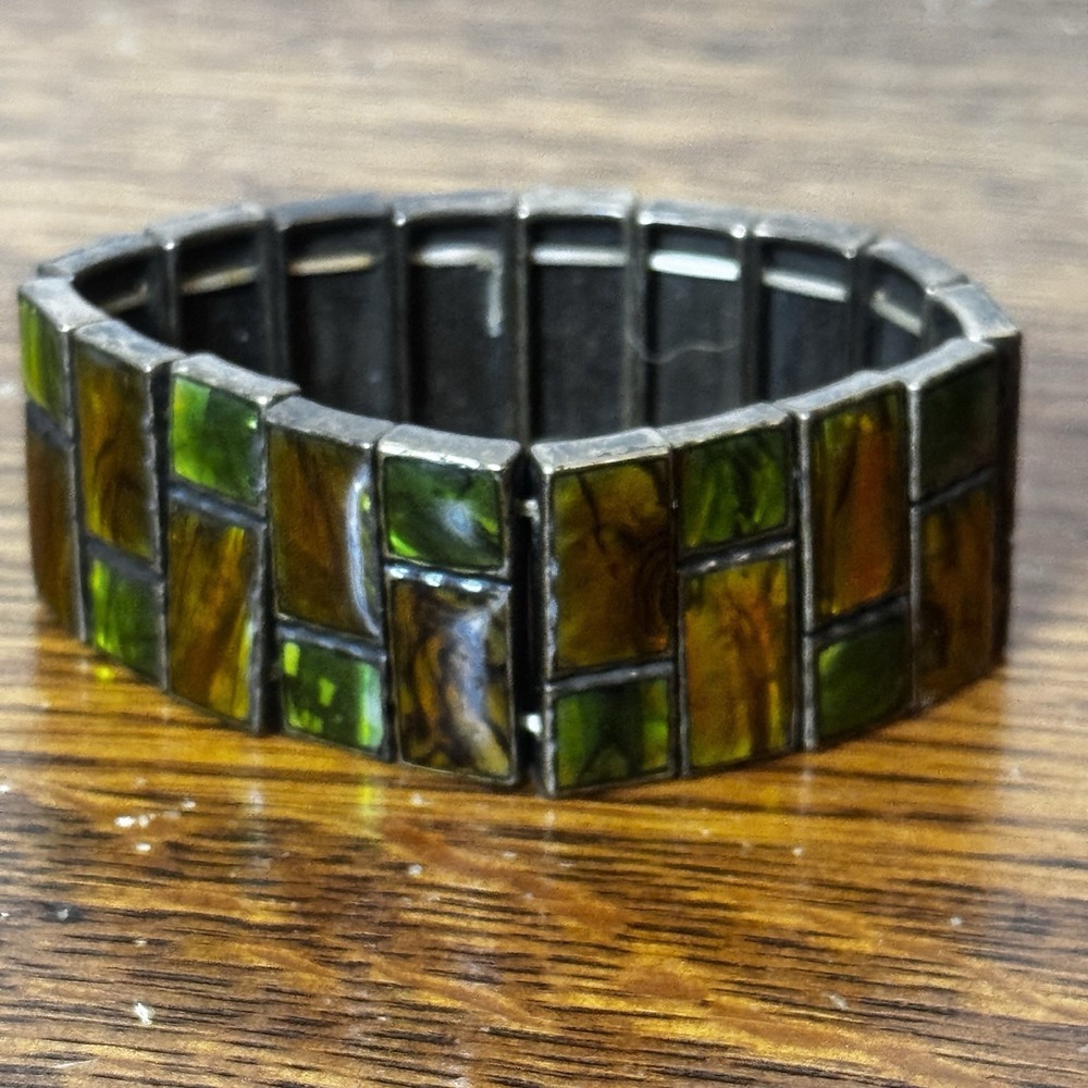 Vintage Bronze Tone Mosaic Stretch Bracelet Green Amber Glass Panels